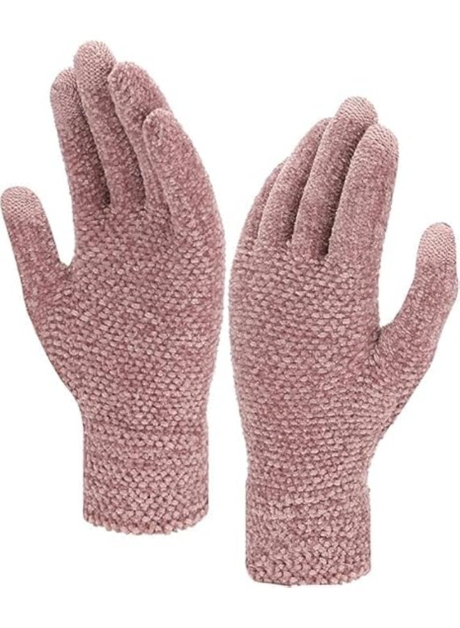 HZYH Winter Gloves for Women, Warm Chenille with 3 Touchscreen Fingers Texting, Elastic Cuff Womens Winter Gloves (Pink, One Size) - Image 1