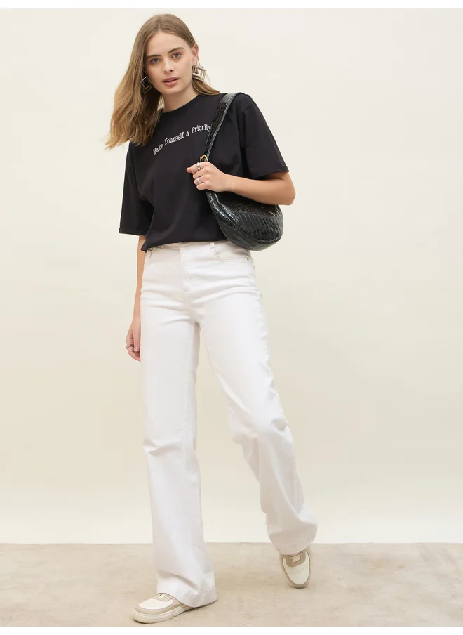 ستايلي Styli Embroidered Slogan Roll-Up Sleeves Oversized T-Shirt
