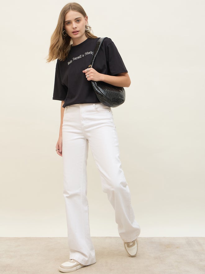 Styli Styli Embroidered Slogan Roll-Up Sleeves Oversized T-Shirt  - Image 1