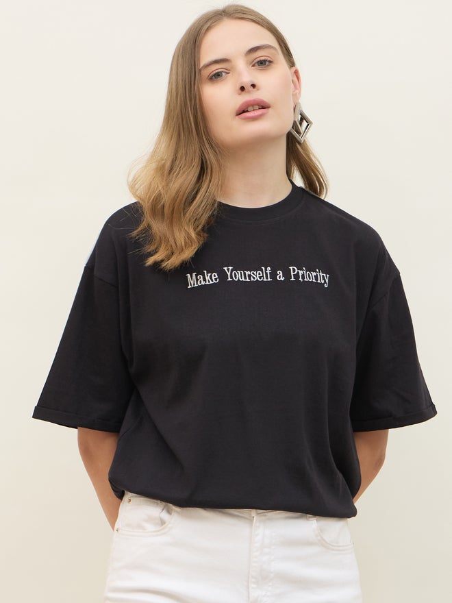 Styli Styli Embroidered Slogan Roll-Up Sleeves Oversized T-Shirt  - Image 2