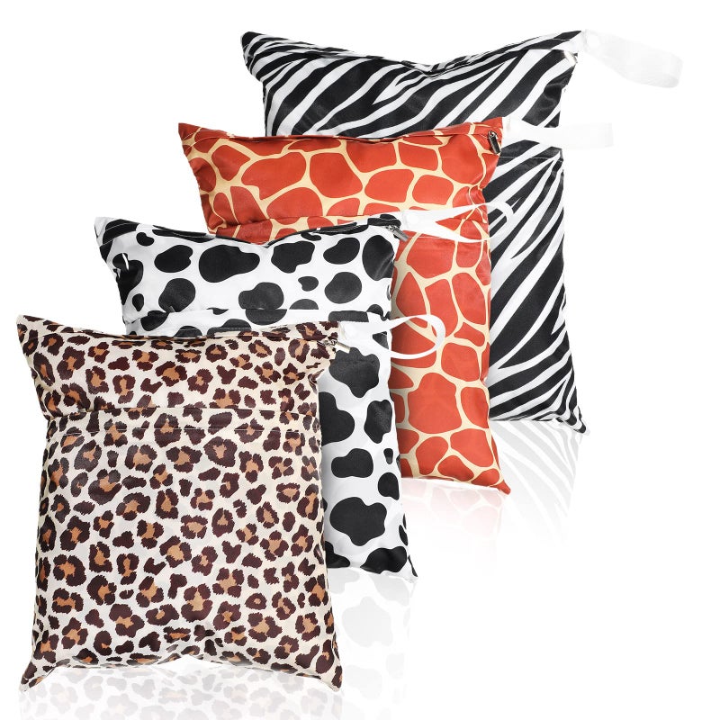 Frienda 4 Pieces Wet Dry Bag for Baby Waterproof Reusable Washable Diaper Bag Sealed with Handle for Travel Beach Swimsuit Diapers Dirty Gym Clothes and Toiletries Animal Print