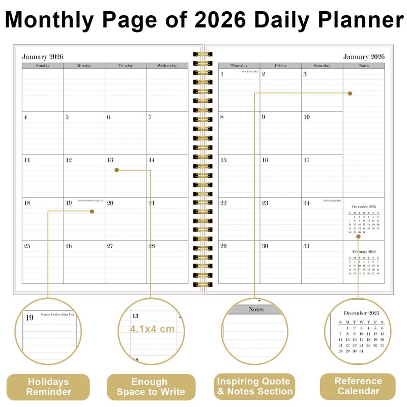 Tuun Fuplan 2026 Daily & Monthly Planner Calendar - Daily Planner Calendar One Page Per Day from January 2026 to December 2026, Flexible Cover, 7" x 10", Storage Pocket, Crushed Flower - Image 3