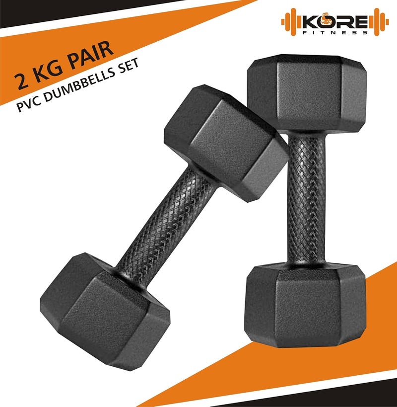 Kore مجموعة دمبلز PVC DM-2kg-Combo 161 ومجموعة لياقة بدنية للرجال والنساء لتمرين كامل الجسم، هيكسا (أسود) - Image 2