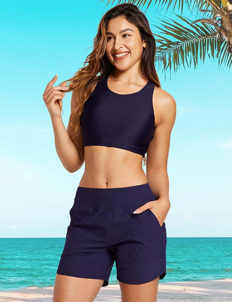 baleaf Women's Swim Shorts Tummy Control Modest Swimsuits Bathing Suit Bottoms 5" Board Shorts Beach Trunks with Pockets Dark Blue L - Image 3
