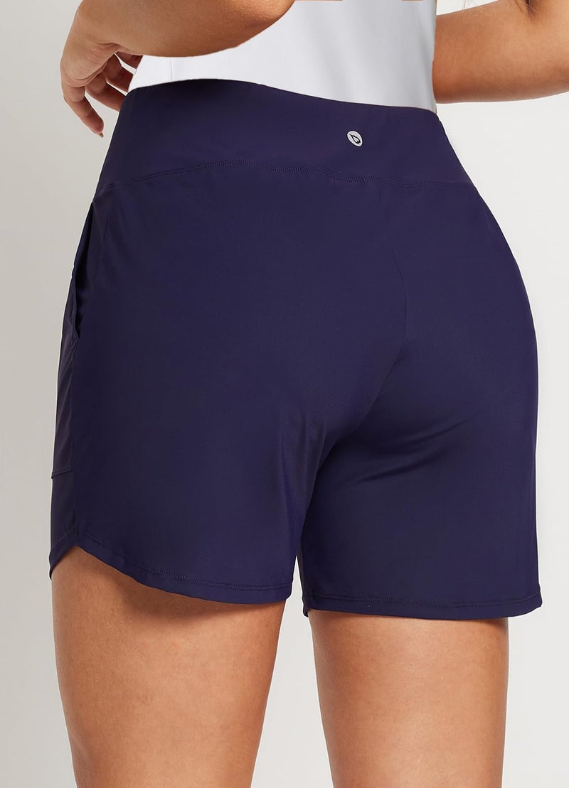 baleaf Women's Swim Shorts Tummy Control Modest Swimsuits Bathing Suit Bottoms 5" Board Shorts Beach Trunks with Pockets Dark Blue L - Image 2