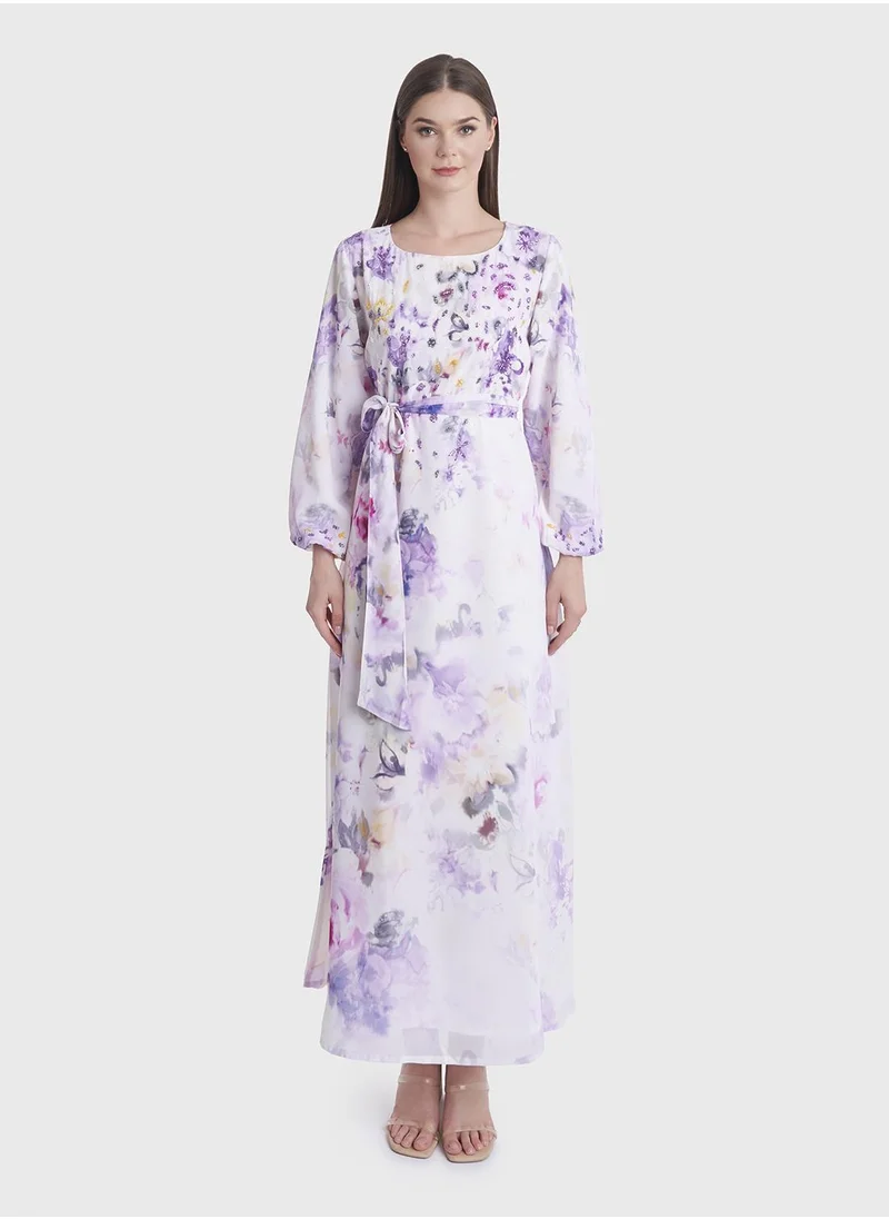 كشخة Floral Print Beads Work Long Dress