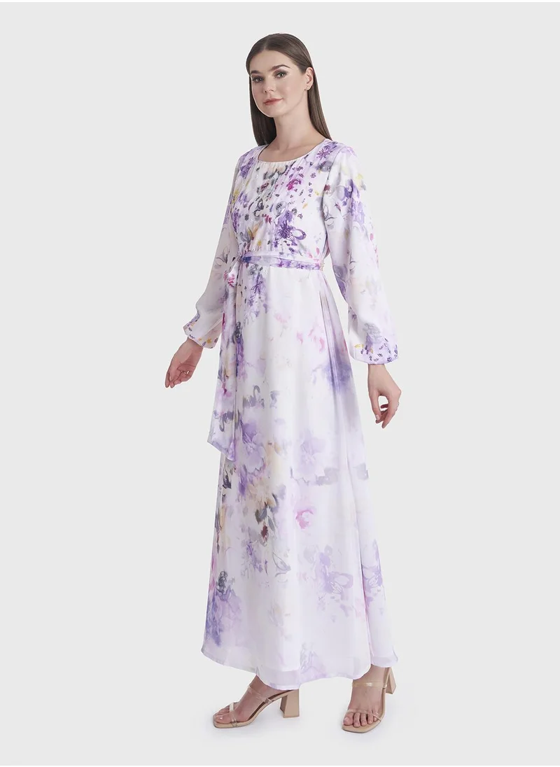 كشخة Floral Print Beads Work Long Dress