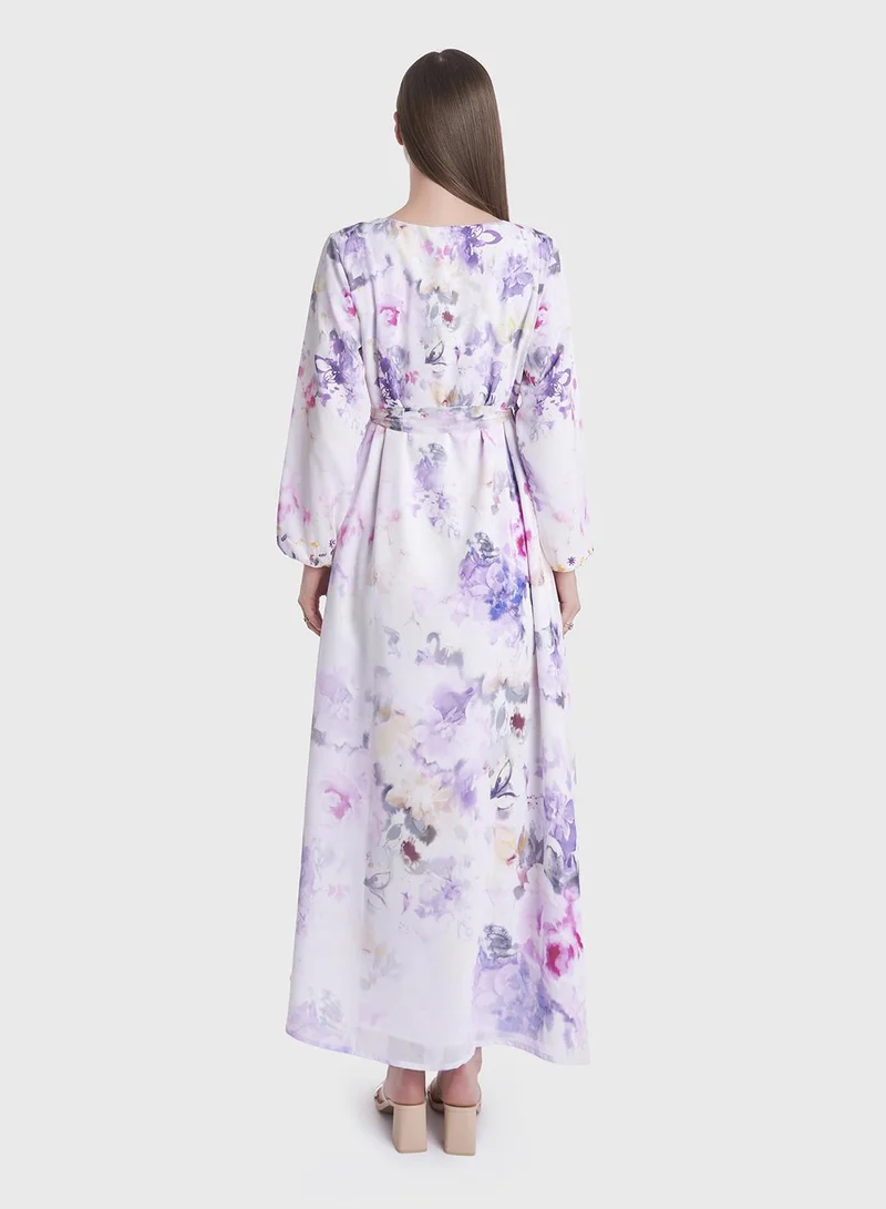 KASHKHA Floral Print Beads Work Long Dress