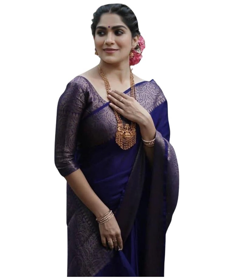 C J Enterprise Women's Pure Soft Kanjivaram Silk Saree for Wedding Kanchipuram Pattu Sarees Banarasi Cotton Latest Sari With Blouse Piece Design Wear ladies new sadi Party 2024 (Yatri-51) (Navy Blue) - Image 1