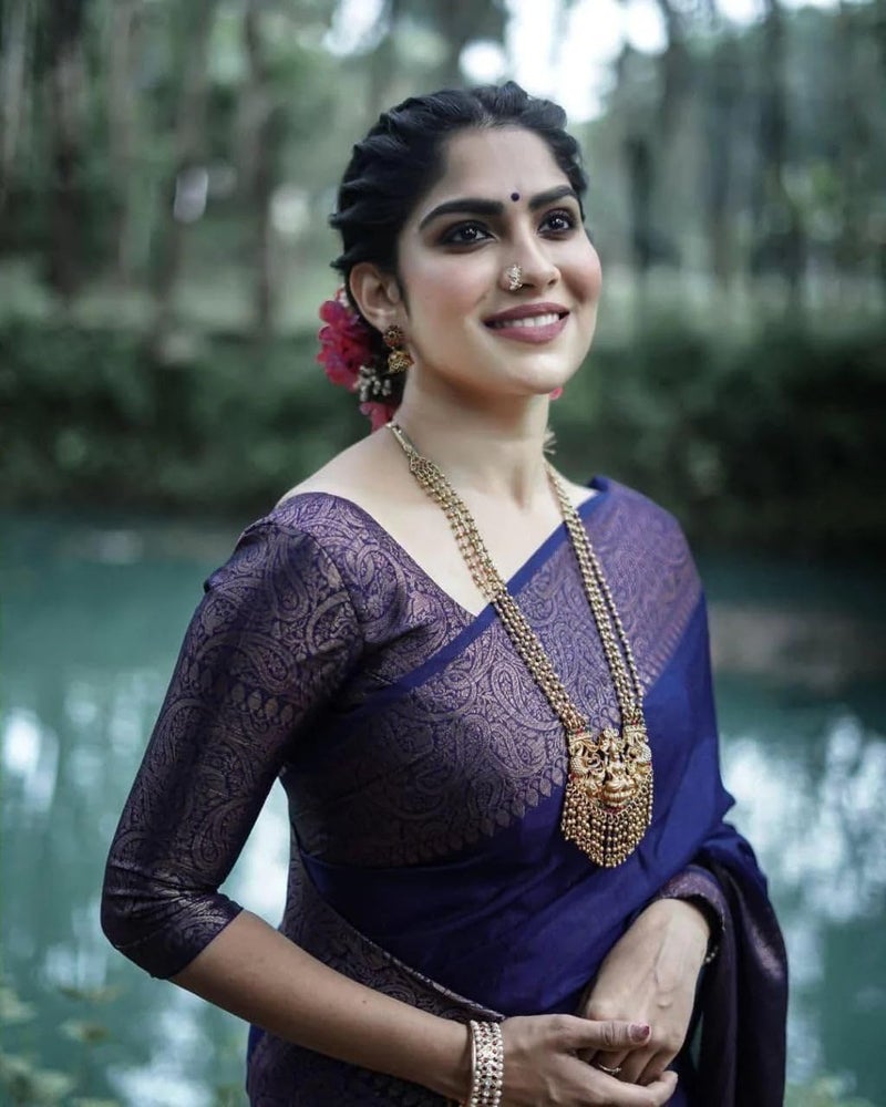 C J Enterprise Women's Pure Soft Kanjivaram Silk Saree for Wedding Kanchipuram Pattu Sarees Banarasi Cotton Latest Sari With Blouse Piece Design Wear ladies new sadi Party 2024 (Yatri-51) (Navy Blue) - Image 2