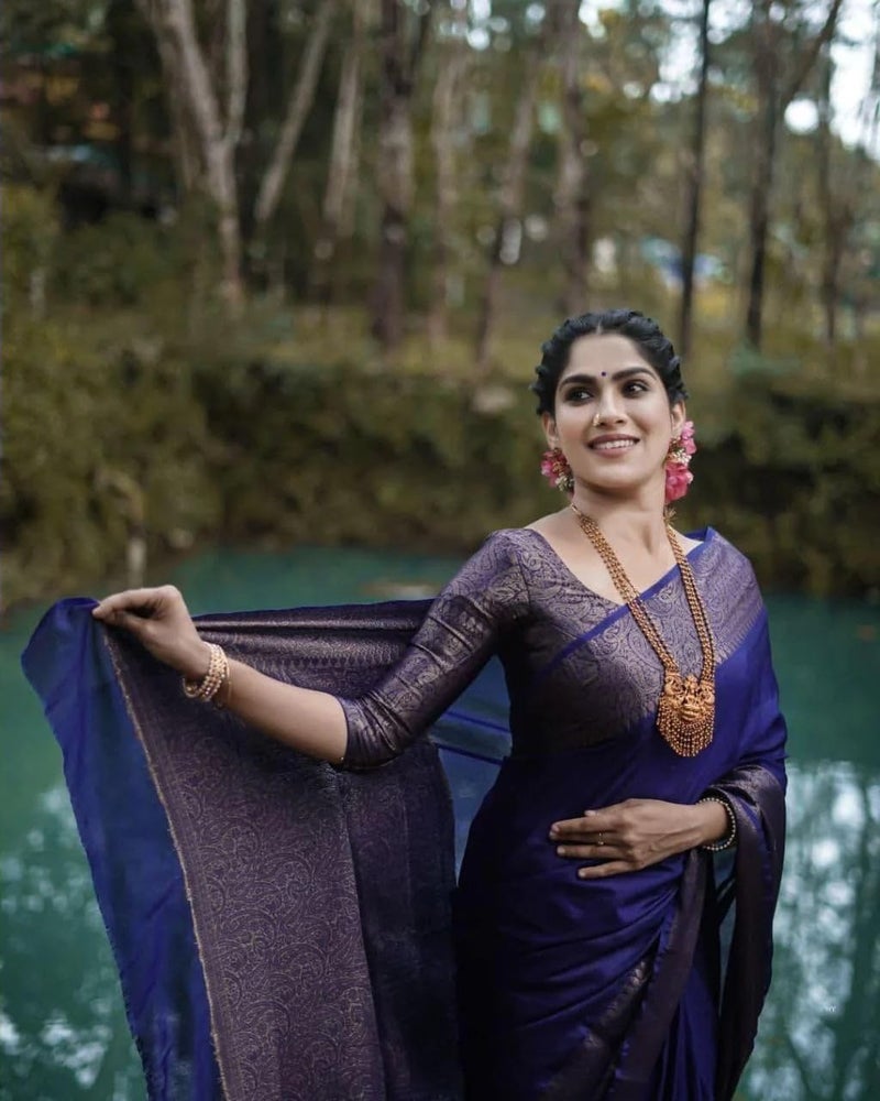 C J Enterprise Women's Pure Soft Kanjivaram Silk Saree for Wedding Kanchipuram Pattu Sarees Banarasi Cotton Latest Sari With Blouse Piece Design Wear ladies new sadi Party 2024 (Yatri-51) (Navy Blue) - Image 4