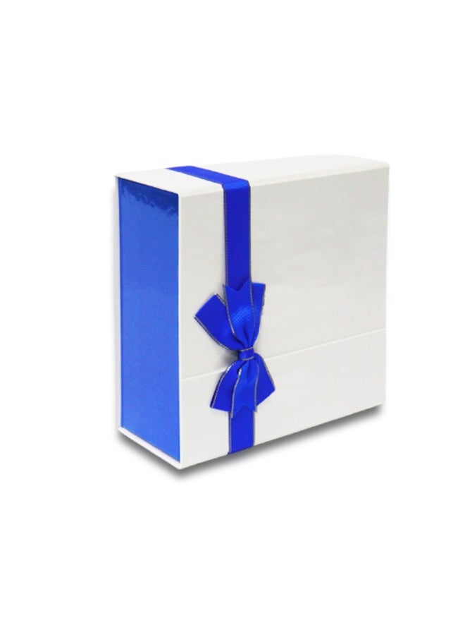 Premium Pearlized Square Gift Box with Bow - Blue & White - Small (8.3"x8.3"x3.5") - One-Piece Folding Design, Includes Ribbon - Image 2