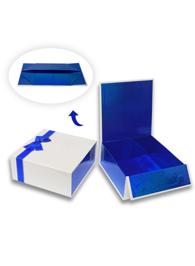 Premium Pearlized Square Gift Box with Bow - Blue & White - Small (8.3"x8.3"x3.5") - One-Piece Folding Design, Includes Ribbon - Image 1