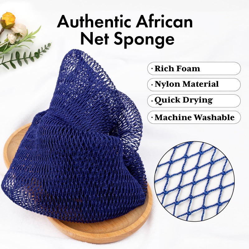 Bathway African Net Sponge Authentic 3 Pieces with Storage Bag, African Exfoliating Net Sponge Washcloth, Exfoliating Body Scrubber Bath Sponge Bathing Accessories (Blue & Black & Golden) - Image 2