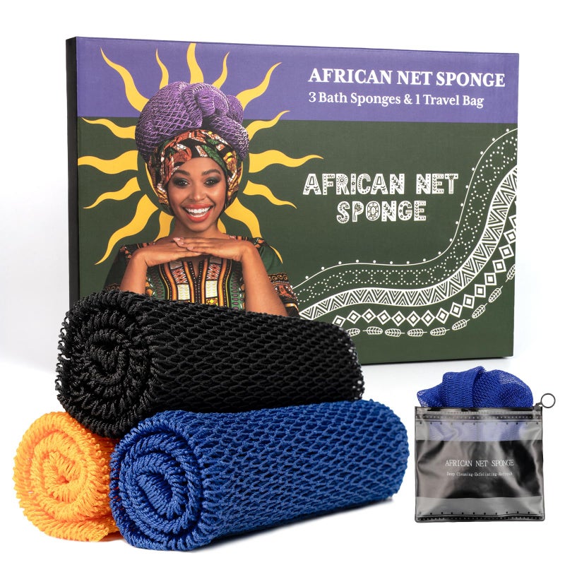 Bathway African Net Sponge Authentic 3 Pieces with Storage Bag, African Exfoliating Net Sponge Washcloth, Exfoliating Body Scrubber Bath Sponge Bathing Accessories (Blue & Black & Golden) - Image 1