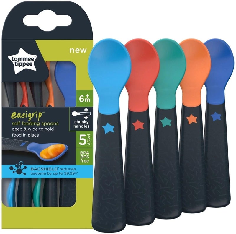 Tommee Tippee Easigrip™ Self-Feeding Weaning Spoons, Chunky Handles With Deep And Wide Spoon Base, 6M+, Pack Of 5
