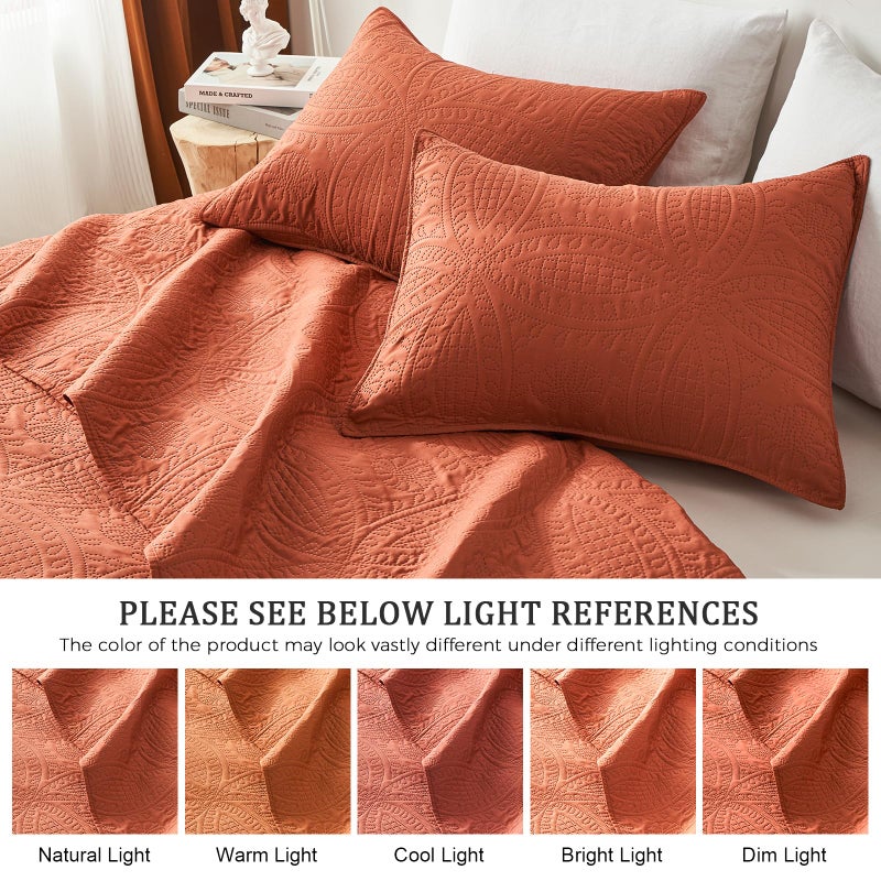 akkialla Queen Quilt Bedding Set,Burnt Orange Ultrasonic Full/Queen Quilt Set,Lightweight Soft Bedspread Coverlet,Modern Style Coin Pattern Bed Cover for All Seasons,3 Piece(1 Quilt,2 Pillow Shams) - Image 5
