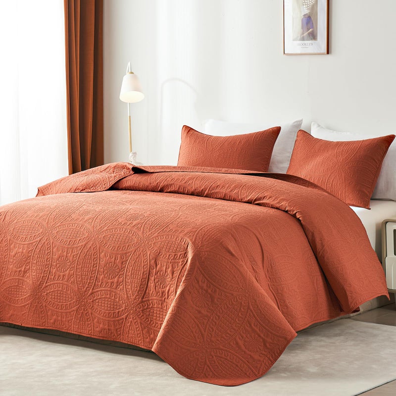 akkialla Queen Quilt Bedding Set,Burnt Orange Ultrasonic Full/Queen Quilt Set,Lightweight Soft Bedspread Coverlet,Modern Style Coin Pattern Bed Cover for All Seasons,3 Piece(1 Quilt,2 Pillow Shams) - Image 2