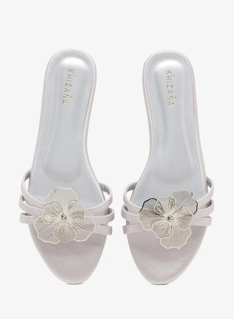 Khizana SILVER Floral Detail Metallic Flat Sandals for Women | Best Price UAE