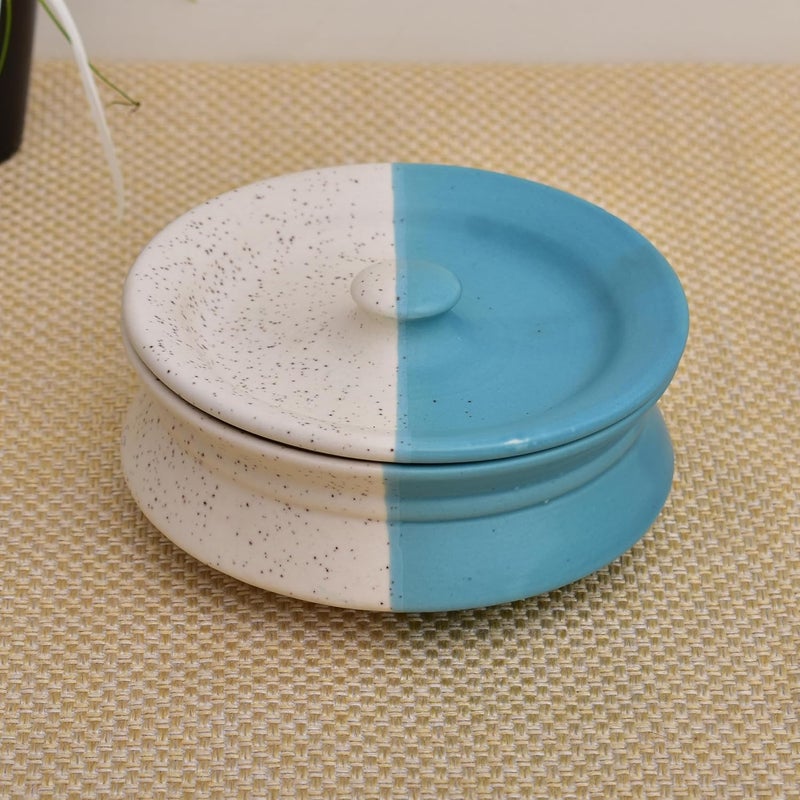 Kunhar Ceramic Donga with Lid Ceramic Serving Donga 500 Ml 1 Piece White Blue - Image 1
