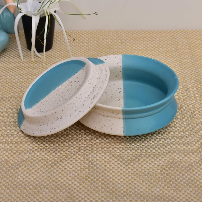 Kunhar Ceramic Donga with Lid Ceramic Serving Donga 500 Ml 1 Piece White Blue - Image 2