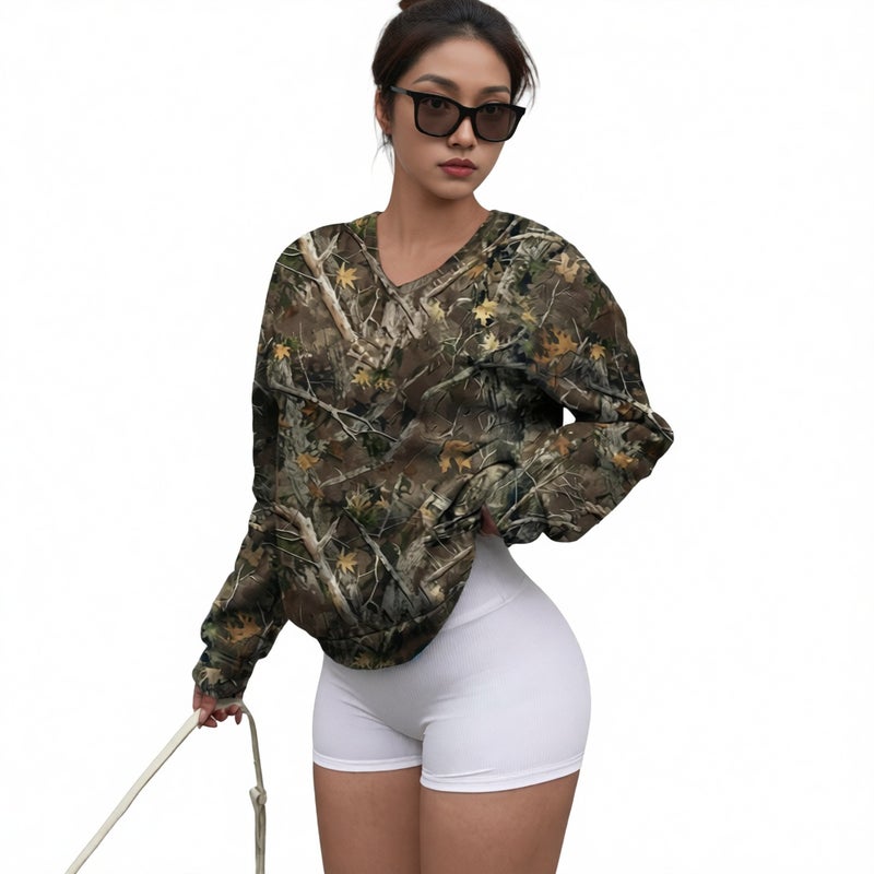 V Neck Long Sleeve Camouflage Branch Pattern Minimalist Women Sweatshirt