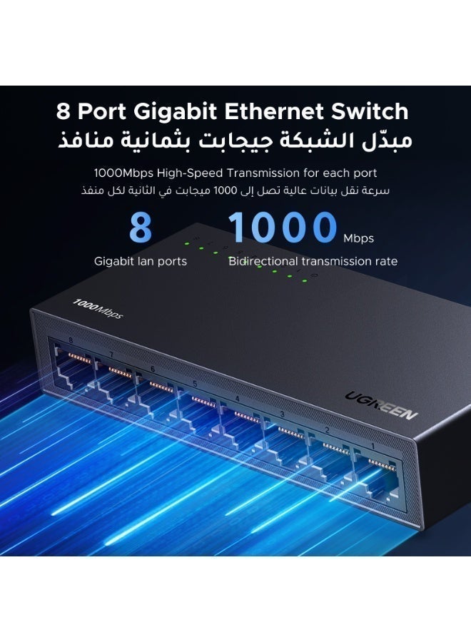 Ugreen 1000Mbps Ethernet Switch 8 Ports Network Switch High Speed Data Transfer Multi-Devices Sharing Same Time Plug and Play Compatible with Router, TV, Game Console, Computer For Family, Store, Office Black - Image 2