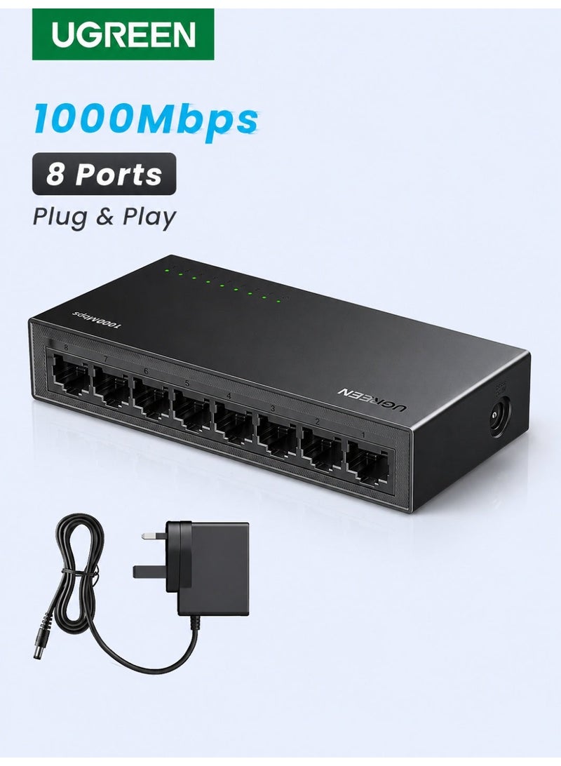 Ugreen 1000Mbps Ethernet Switch 8 Ports Network Switch High Speed Data Transfer Multi-Devices Sharing Same Time Plug and Play Compatible with Router, TV, Game Console, Computer For Family, Store, Office Black - Image 1