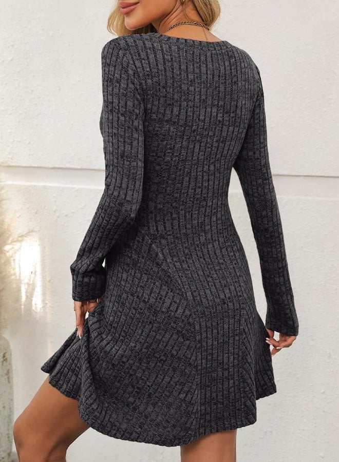 AUTOMET Womens Mini Dresses Long Sleeve Fall Fashion 2025 V Neck Flowy Casual Sweater Dress A-Line Comfy Work Winter Clothes, Darkgrey, L - Image 4