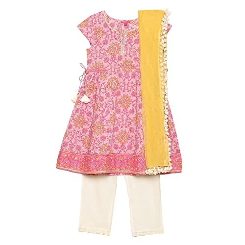 BIBA Printed Cotton Straight Fit Girls Kurta Palazzo Dupatta Set (LILAC, 8-9 Y) - Image 1