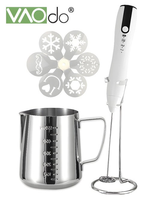 Milk Frother Handheld Coffee Art Set with Milk Frother Pitcher Latte Art Pen Coffee Stencils Mini Hand Blender with Holder White