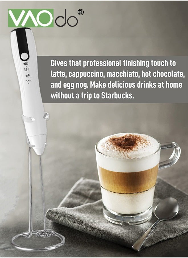 Milk Frother Handheld Coffee Art Set with Milk Frother Pitcher Latte Art Pen Coffee Stencils Mini Hand Blender with Holder White