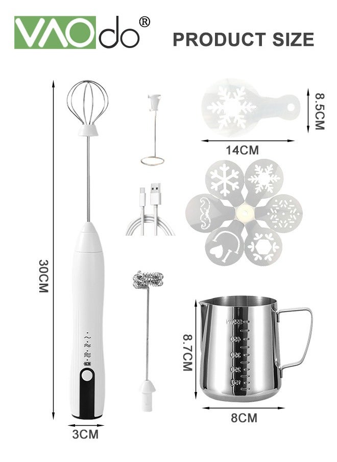 Milk Frother Handheld Coffee Art Set with Milk Frother Pitcher Latte Art Pen Coffee Stencils Mini Hand Blender with Holder White