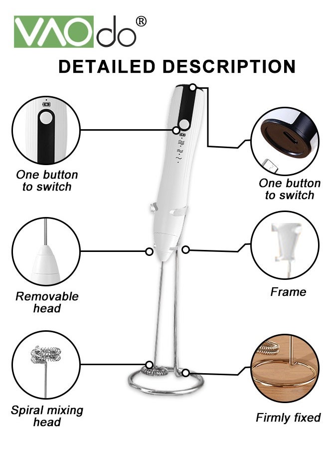 Milk Frother Handheld Coffee Art Set with Milk Frother Pitcher Latte Art Pen Coffee Stencils Mini Hand Blender with Holder White