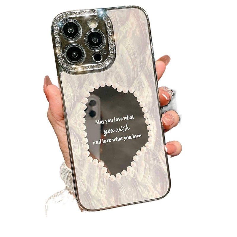MS غطاء واقي بPC لـ iPhone 12 مع تصميم عرق اللؤلؤ وسطح مرآة مع أحجار الراين الماسية باللون أسود مع مرآة بتفاصيل مرصعة باللون الأسود - Image 1