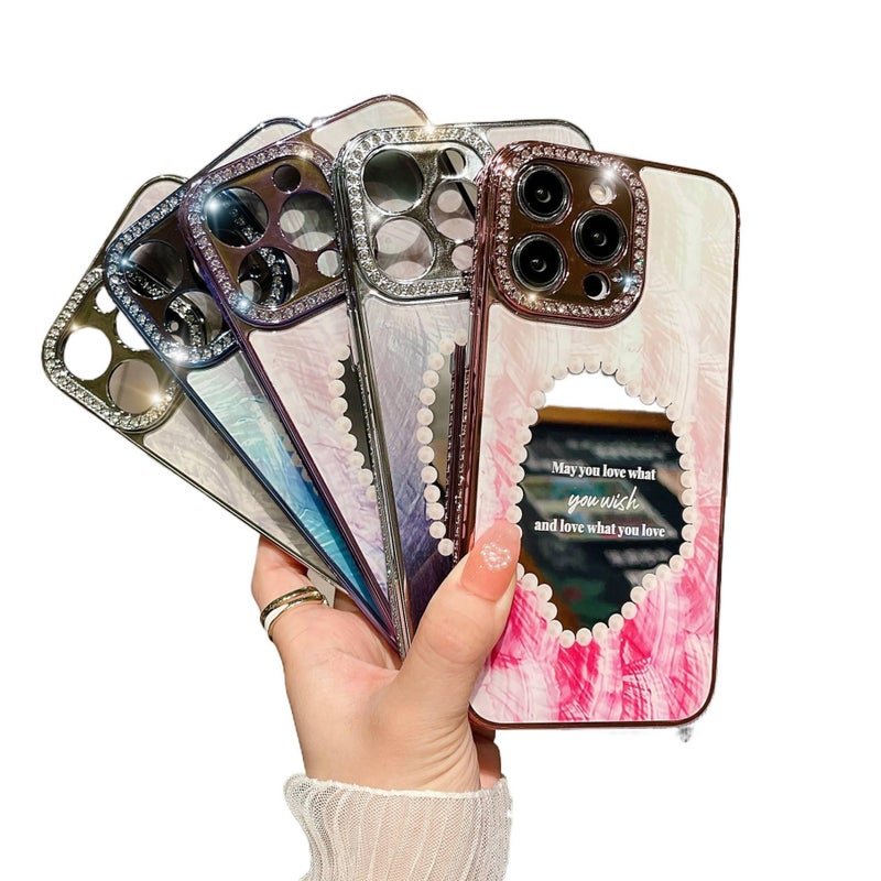 MS غطاء واقي بPC لـ iPhone 12 مع تصميم عرق اللؤلؤ وسطح مرآة مع أحجار الراين الماسية باللون أسود مع مرآة بتفاصيل مرصعة باللون الأسود - Image 3