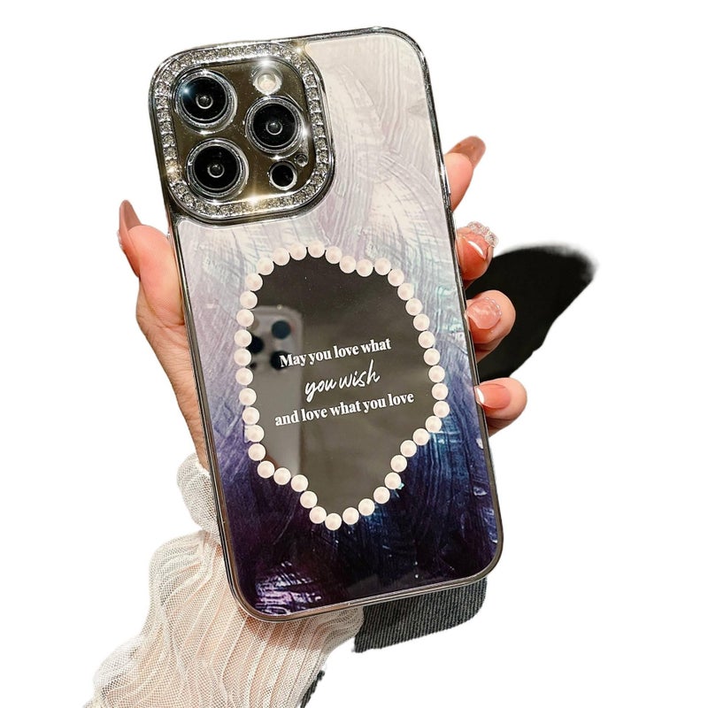 MS غطاء واقي بPC لـ iPhone 12 مع تصميم عرق اللؤلؤ وسطح مرآة مع أحجار الراين الماسية باللون أسود مع مرآة بتفاصيل مرصعة باللون الأسود - Image 2