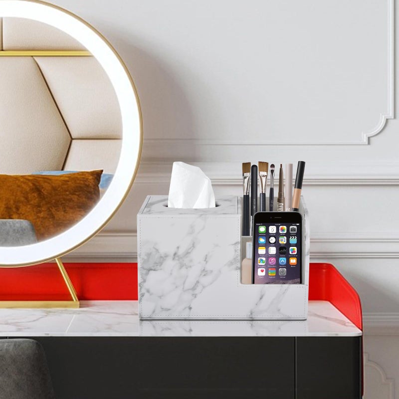 XNONE PU Leather Tissue Box Cover Square-Multifunctional Bathroom Tissue Box Holder/Organizer with 2-Compartment,Remote Control Holder,Decorative Tissue Box Covers Cube,Home Office Desktop Storage box,White - Image 3