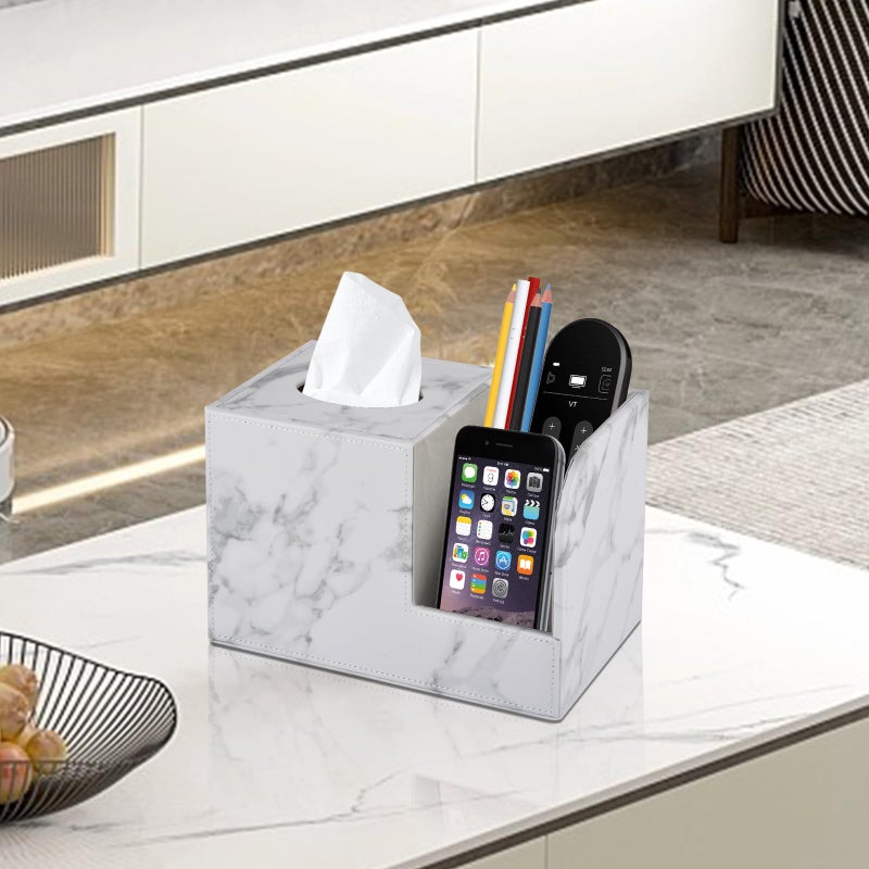 XNONE PU Leather Tissue Box Cover Square-Multifunctional Bathroom Tissue Box Holder/Organizer with 2-Compartment,Remote Control Holder,Decorative Tissue Box Covers Cube,Home Office Desktop Storage box,White - Image 5