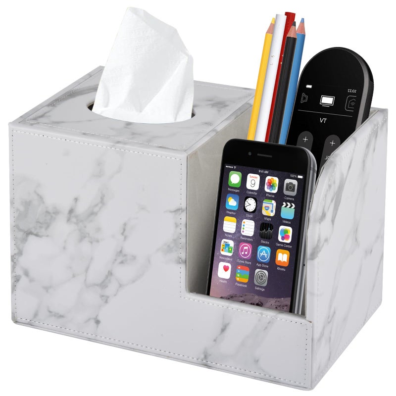 XNONE PU Leather Tissue Box Cover Square-Multifunctional Bathroom Tissue Box Holder/Organizer with 2-Compartment,Remote Control Holder,Decorative Tissue Box Covers Cube,Home Office Desktop Storage box,White - Image 1