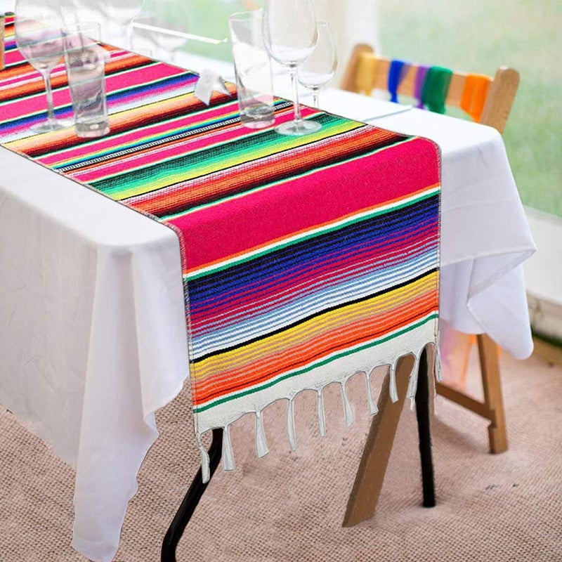 Mexican Table Runner 14 x 84 Inch Mexican Serape Table Runner for Mexican Party Wedding Decorations Fringe Cotton Table Runner