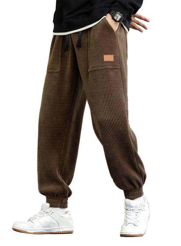 JMIERR Mens Corduroy Pants Elastic Waist Drawstring Stretch Tapered Joggers Sweatpants Work Cargo Pants with Multi Pockets,M,Brown - Image 1