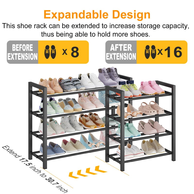 Detsuk 4-Tier Expandable Shoe Rack â€“ Adjustable Metal Shoe Organizer for Closet, Entryway & Mudroom â€“ Stackable, Heavy-Duty Storage, Black - Image 2