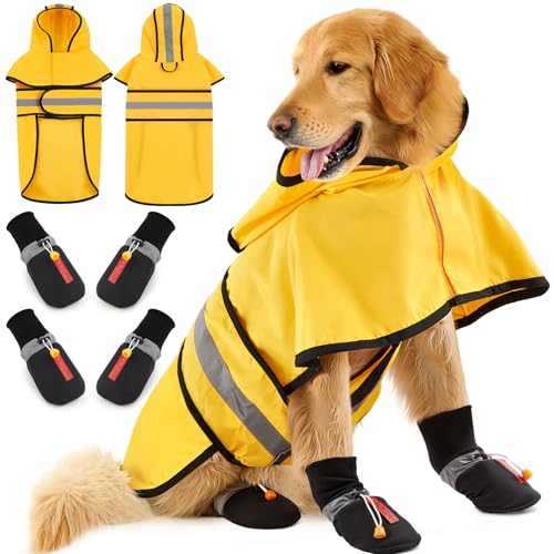 Sunnymove Dog Raincoat and Shoes for Weighing 3550lbs Spring Summer Waterproof Dogs Boots Paw Protectors Adjustable Pet Poncho with Leash Hole for Large Medium Small Dogs YellowSingle Side - Image 1