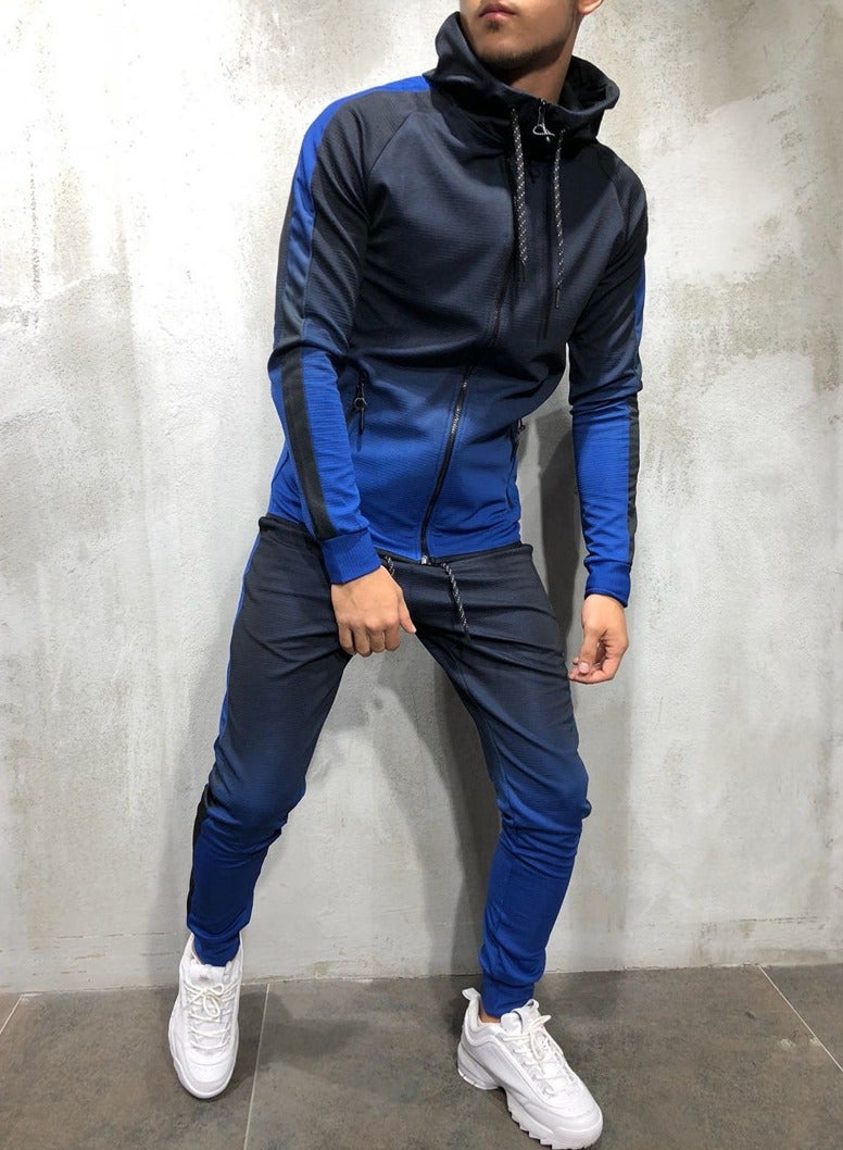 KUYING Fashion Men Gradient Colour Sport Sweat Suit Hoodie Trousers Pants Set Tracksuit
