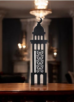fan baytk Black carved stand in the shape of a mosque minaret and lighthouse 