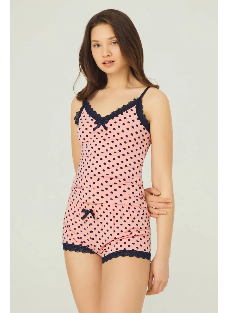 COTTONHILL Pink Navy Blue Polka Dot Cotton Pajama Set with Thin Strap Shorts