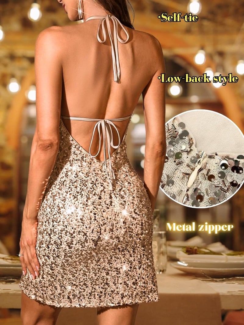 ShawGobow Sequin Mini Dress,Halter Backless Sexy Dresses for Women,Sparkly Outfits Cocktail Birthday Party Nye Champagne Small - Image 5