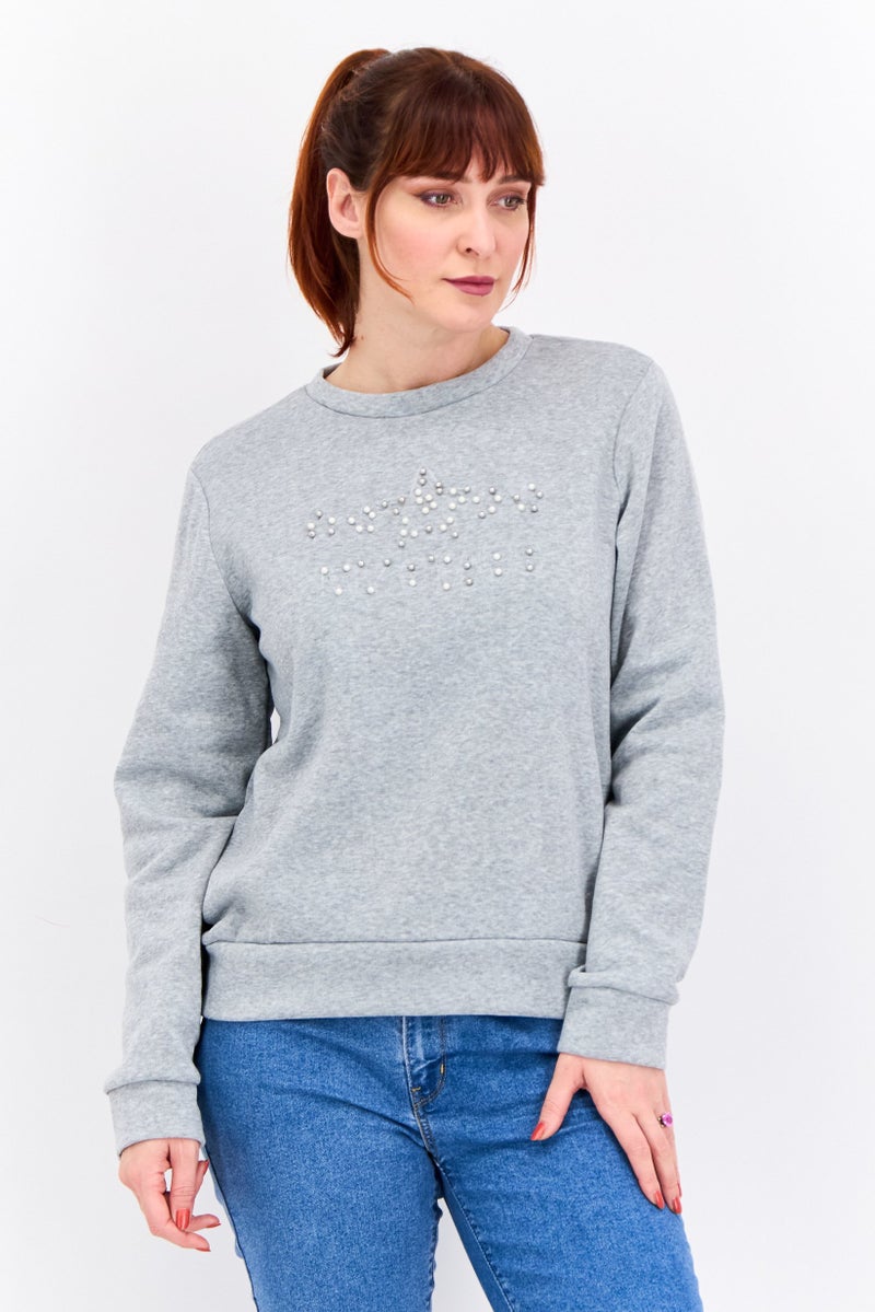 Buzz سويت شيرت مزين بأكمام طويلة وياقة دائرية للنساء، رمادي فاتح - Image 1