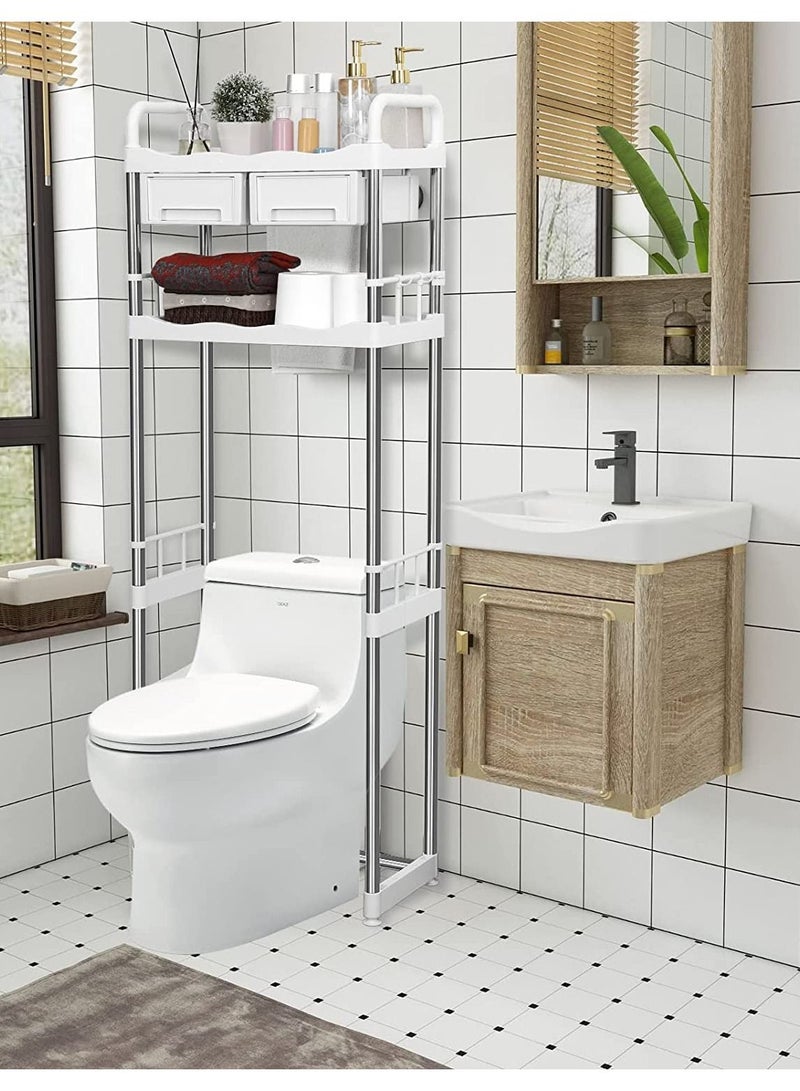 2 Tair Over the Bathroom Toilet Storage shelf Rack with Drawers White - Image 3